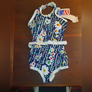 Vintage 70s Navy Floral One-Piece Swimsuit with White Trim